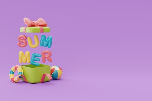 Opened gift box with colorful inflatable ring and colorful balloon text of summer on purple background, Summer time concept, 3d rendering. photo