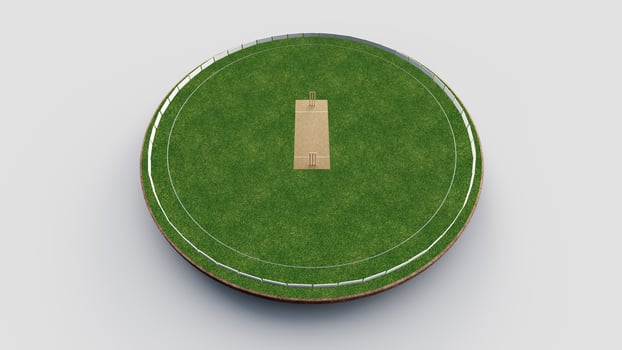 Cricket Stadium Top view on cricket pitch or ball sport game field, grass stadium or circle arena for cricketer series, green lawn or ground for batsman, bowler. Outfield 3D Illustration photo