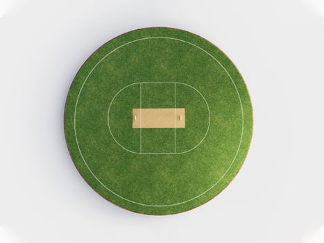 Cricket Stadium Top view on cricket pitch or ball sport game field, grass stadium or circle arena for cricketer series, green lawn or ground for batsman, bowler. Outfield 3D Illustration photo