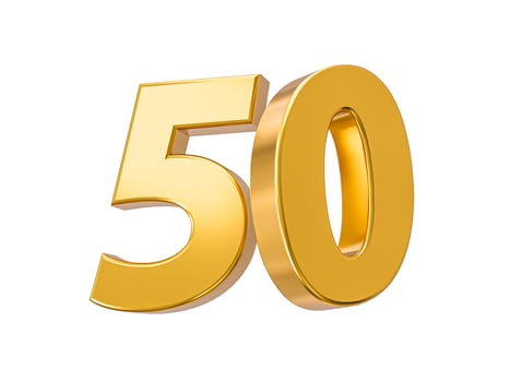 50 off on sale. Gold percent isolated on white background 50th Anniversary celebration 3D Golden numbers 3d Illustration photo