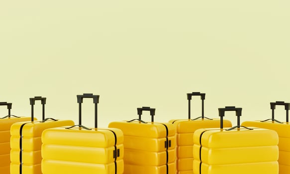 Group of yellow trolley suitcases on isolated background. Travel object and wanderlust concept. 3D illustration rendering photo
