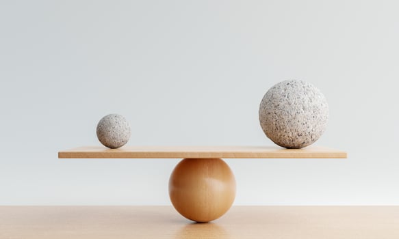 Wooden scale balancing with one big ball and one small ball. Harmony and balance concept. 3D illustration rendering photo