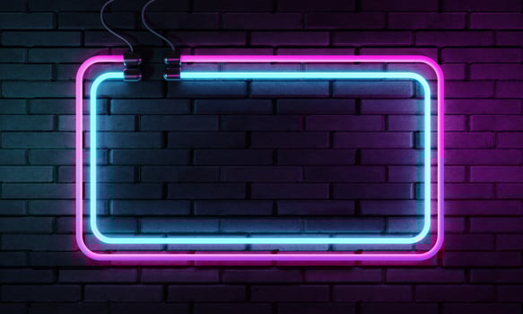 Neon sign banner with copy space on brick wall background. Abstract art and object concept. 3D illustration rendering photo