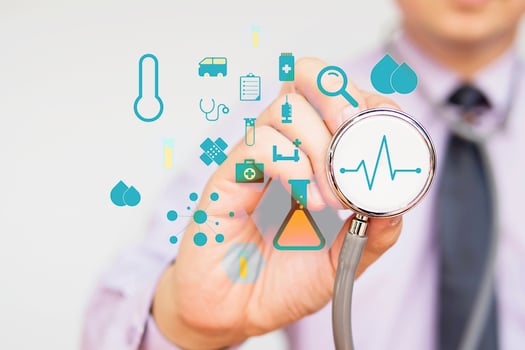 Doctor showing stethoscope with medical icons overlay photo