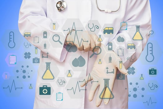 Male doctor is putting glove with medical icons overlay photo