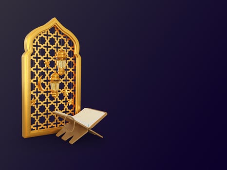 Ramadan kareem islamic background with lantern and holy quran 3d render photo