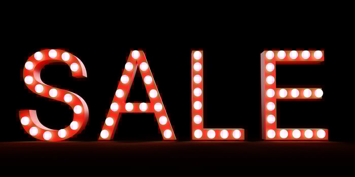 Sale red color light bulb lamp decoration ornament black friday night dark special offer fifty percent advertisement promotion showtime fashion marketing celebrate festival business.3d render photo