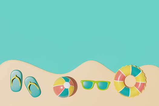 Summer time concept with colorful summer beach elements, 3d rendering. photo