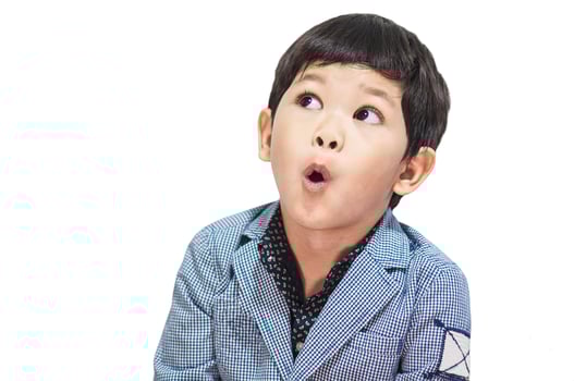 Asian boy is making expression isolated over white photo