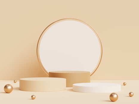 3D rendering of geometric podium, exhibition stand, product display on beige background. Earth tone. Minimal. photo