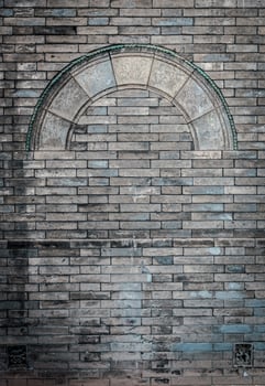 Rough Brick wall dark stone grunge Door and window pattern texture background. photo