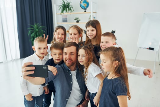 Making a selfie by phone. Group of children students in class at school with teacher photo