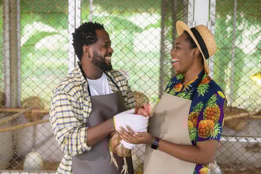 Happy black agronomist couple enjoying and working in farmland, agriculture concept photo