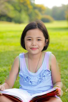 Asian little girl reading book in the park photo