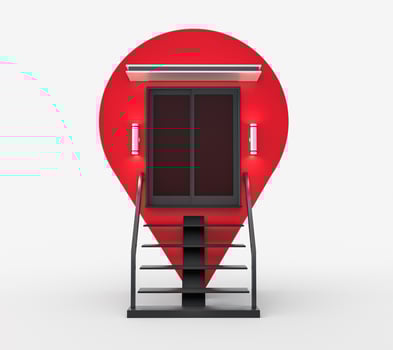 Red Navigator pin locator. stairs light empty space Creative GPS map pointer. Geolocation sign isolated on white background. shop, market, outlet store 3D illustration photo