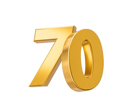 70 off on sale. Gold percent isolated on white background 70th Anniversary celebration 3D Golden numbers 3d Illustration photo