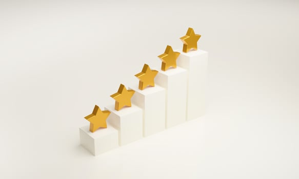 Five star gradient gold star icon on bar graph on white background. photo