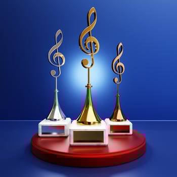Golden music award with a treble clef on a blue background, 3d illustration photo