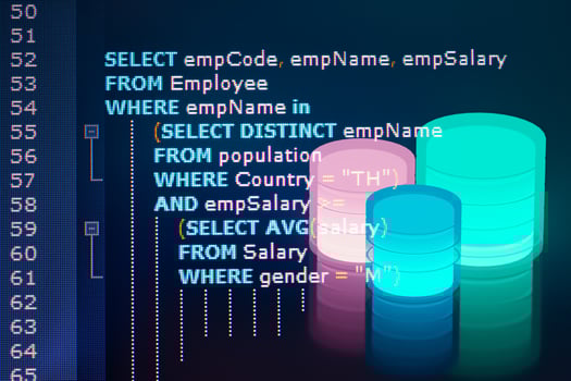 Close-up photo from a computer screen SQL Structured Query Language code and with Database. Example of SQL code to query data from a database.