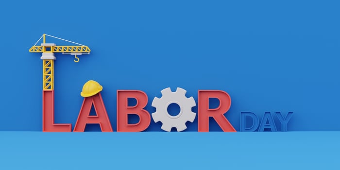 Happy labor day usa concept with construction tools and equipment on blue background, 3d rendering photo