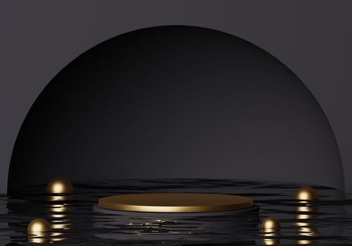Luxury mockup Golden podium on water surface with Golden marble and round black frame and black background. abstract minimal concept for product display. 3d rendering Premium Photo