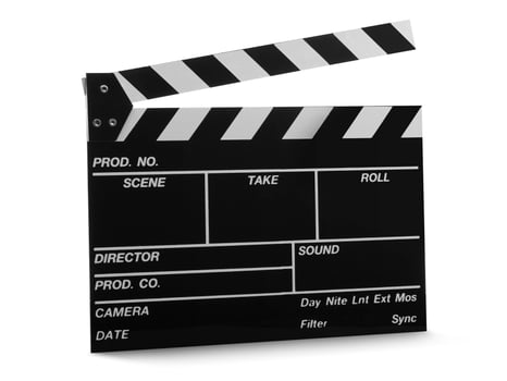 A studio shot of an open movie clap isolated against white background photo