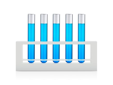Blue liquids in test tubes isolated over white background photo