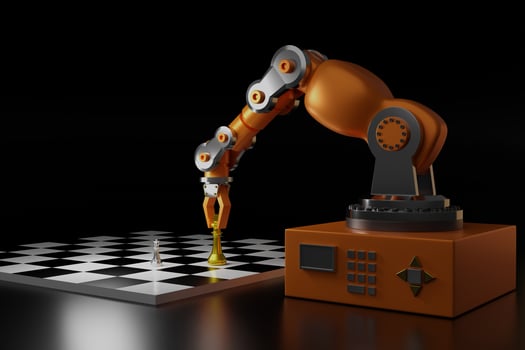 robot arm with chess pieces and board  on black background ,3d rendering photo