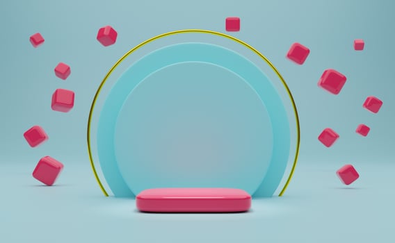 Podium empty with colorful geometric shapes  in sky blue pastel composition for modern stage display and minimalist mockup ,abstract showcase background ,Concept 3d illustration or 3d render photo