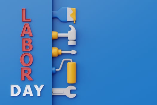 Happy labor day usa concept with construction tools and equipment on blue background, 3d rendering photo