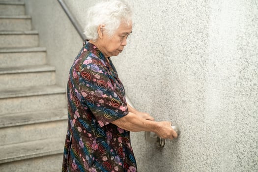 Asian senior or elderly old lady woman patient use toilet bathroom handle security in nursing hospital ward, healthy strong medical concept. photo