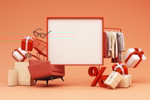 fashion clothes During online shopping promotions and discounts will be surrounded by shirts, shoes, sunglasses and gift boxes and packages with advertising space banner pastel background 3d rendering photo