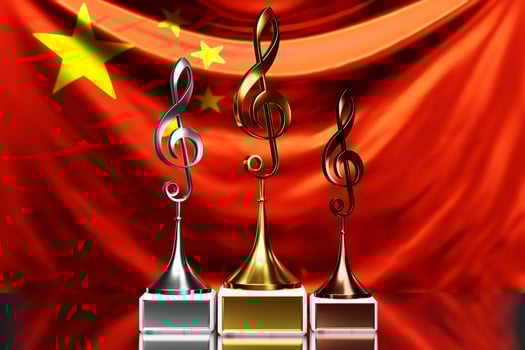 Treble clef awards for winning the music award against the background of the national flag of China, 3d illustration. photo