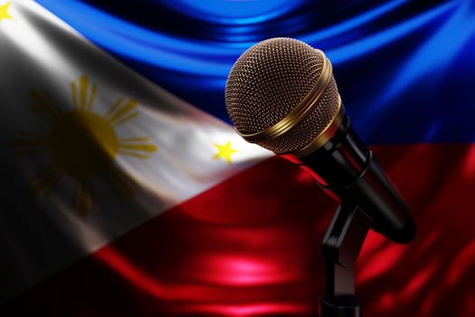 Microphone on the background of the National Flag of Philippines, realistic 3d illustration. music award, karaoke, radio and recording studio sound equipment photo