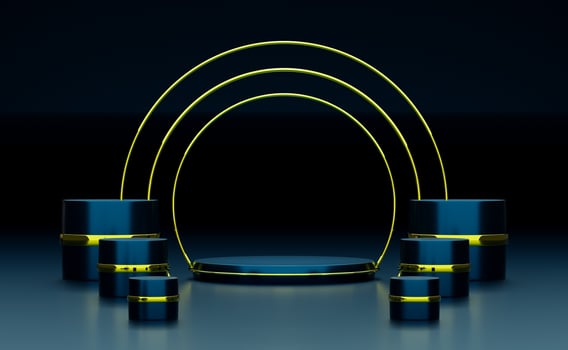 podium empty with geometric shapes in blue composition for modern stage display and minimalist mockup ,abstract showcase background ,Concept 3d illustration or 3d render photo