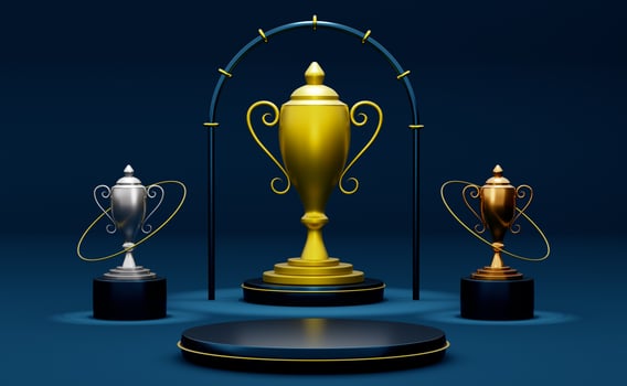 Golden champion cup or trophies and podium with geometric shapes in blue composition for modern stage display and minimalist mockup ,abstract showcase background ,Concept 3d illustration or 3d render photo