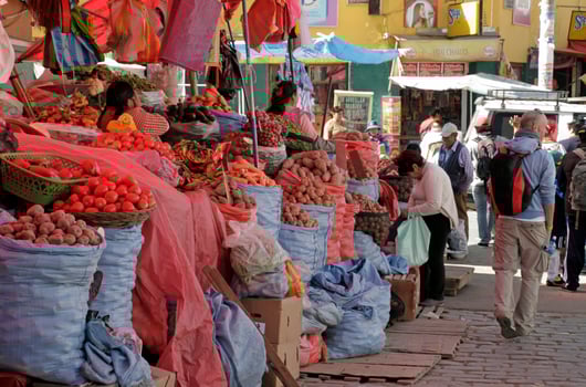 La Paz, Bolivia, 2022 - Market stall with vegetables and fruit in the city of La Paz photo