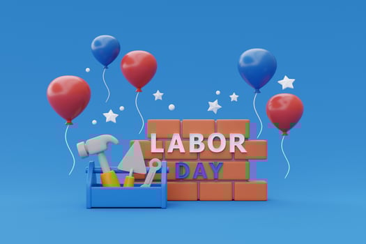 Happy labor day usa concept with brick wall, construction tools and balloon on blue background, 3d rendering photo