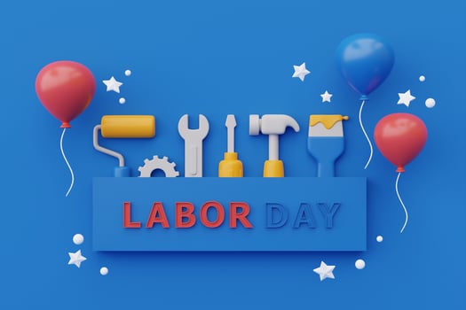 Happy labor day usa concept with construction tools and balloon on blue background, 3d rendering photo