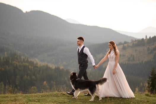 happy stylish bride and groom running and having fun in mountains on summer sunny day photo