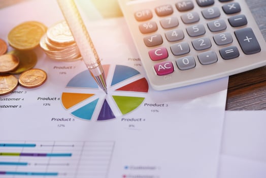Business report chart preparing graphs calculator coin concept  Summary report in Statistics circle Pie chart photo