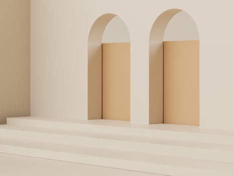 3d rendering of pastel minimal scene of white blank podium with earth tones theme. Muted saturated color. Simple geometric shapes design. photo
