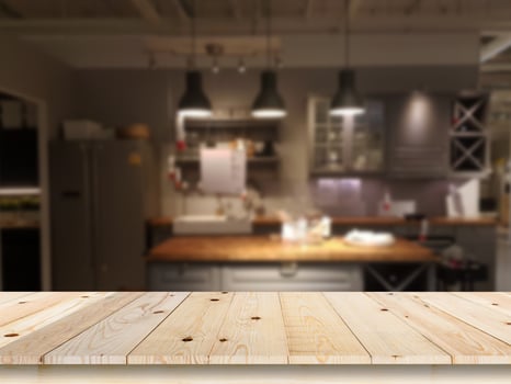 Modern luxury kitchen black golden tone with wooden tabletop space photo