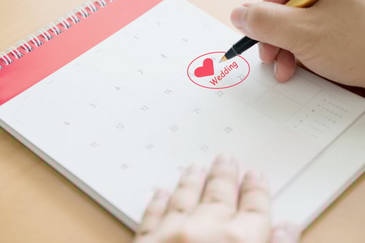 Hand writing in calendar plan and coins concept, Wedding photo