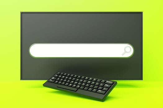 3D illustration of a computer with a search frame, a box, an internet panel photo