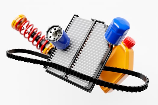 3d illustration of auto parts car shock absorber, oil canister, fuel and air filters photo
