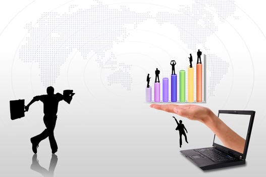Hand  out of an Laptop with silhouette people and graph photo