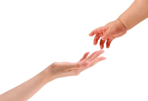 hand the child in the hands of the mother isolated on white background photo