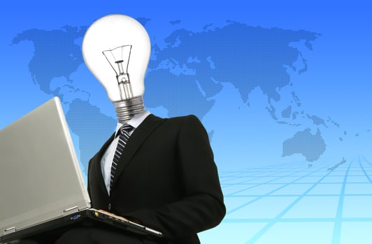 lamp head businessman with laptop in his hands photo