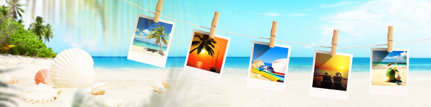 Landscape with photos on tropical beach - summer holiday.